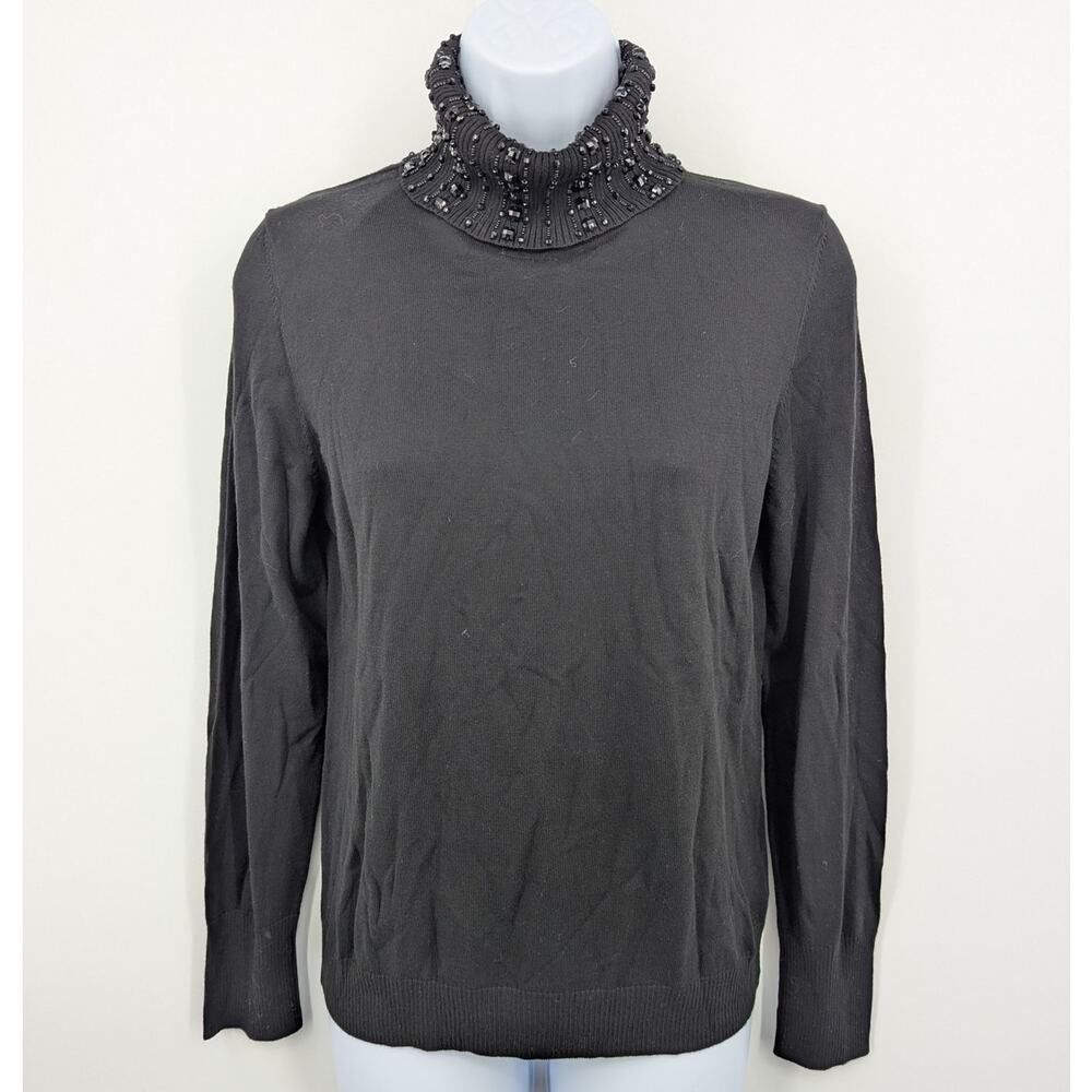 Talbots Petites Black Beaded Mock Neck Sweater PM Dark Academia NWT Deadstock